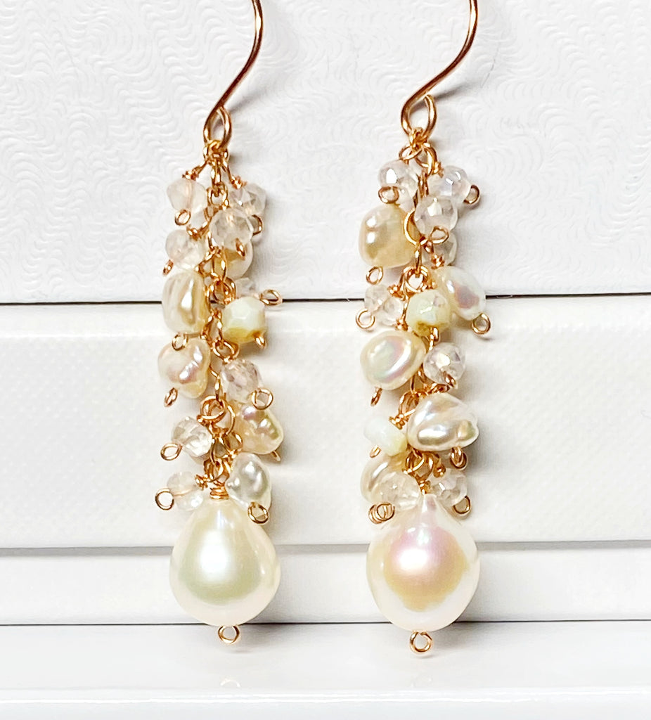 Rose Gold Long Dangle Earrings Keishi Pearl Mystic Quartz