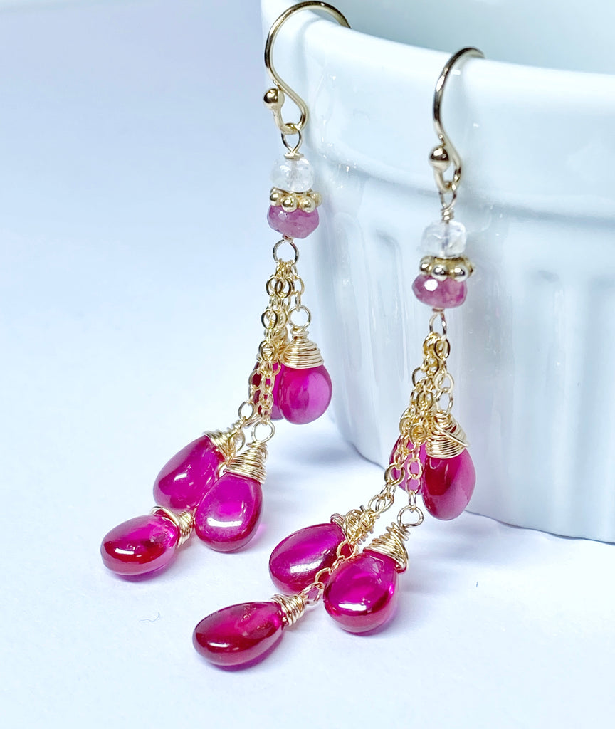 Pink Rubellite Tassel Earrings, Gold Fill