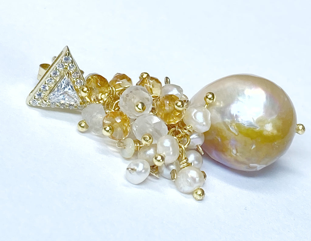 Baroque Pond Slime Pearl Cluster Earring with Citrine, Opal, Moonstone