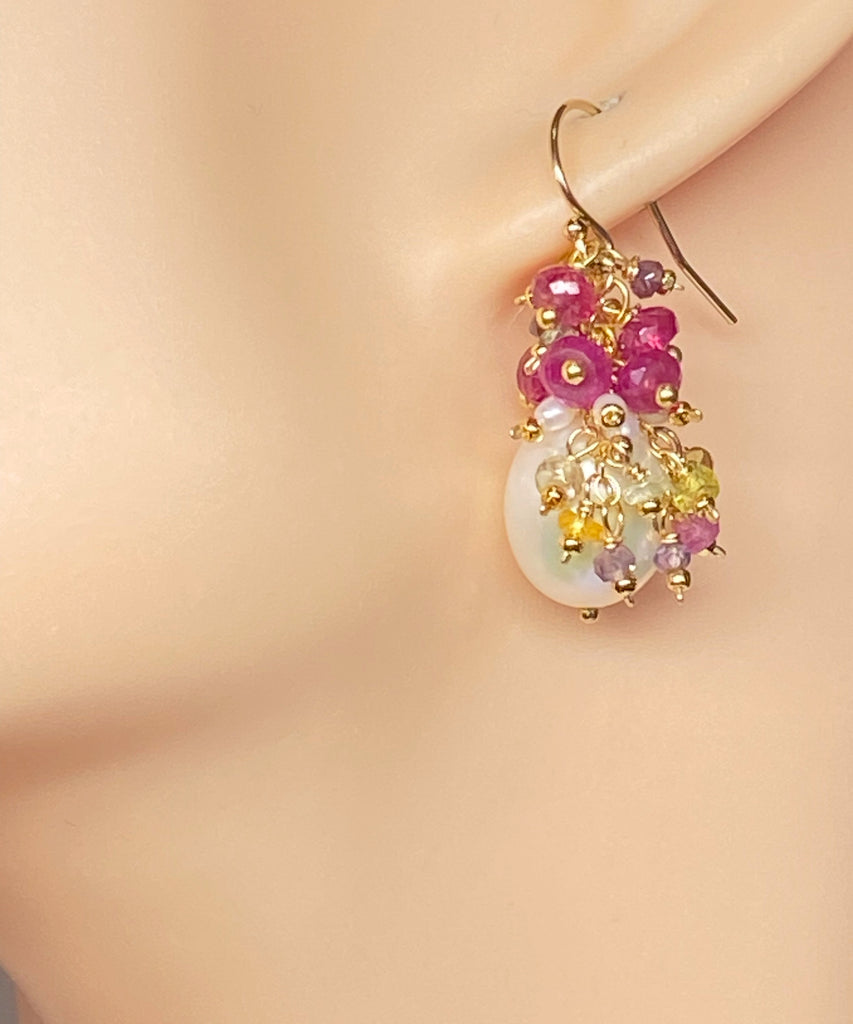 Pearl and Pink Sapphire Cluster Earrings Gold 2