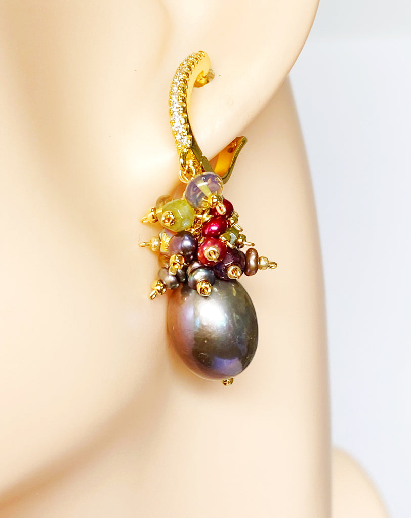Grey Pearl Earrings with Colorful Gemstone Clusters in 14 kt Gold Fill