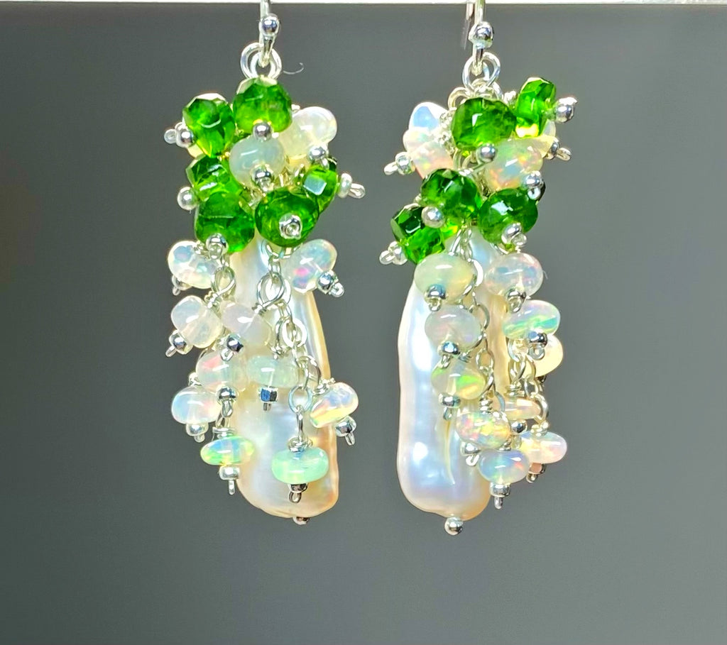 White Biwa Pearl with Chrome Diopside, Opal Clusters, Sterling Silver