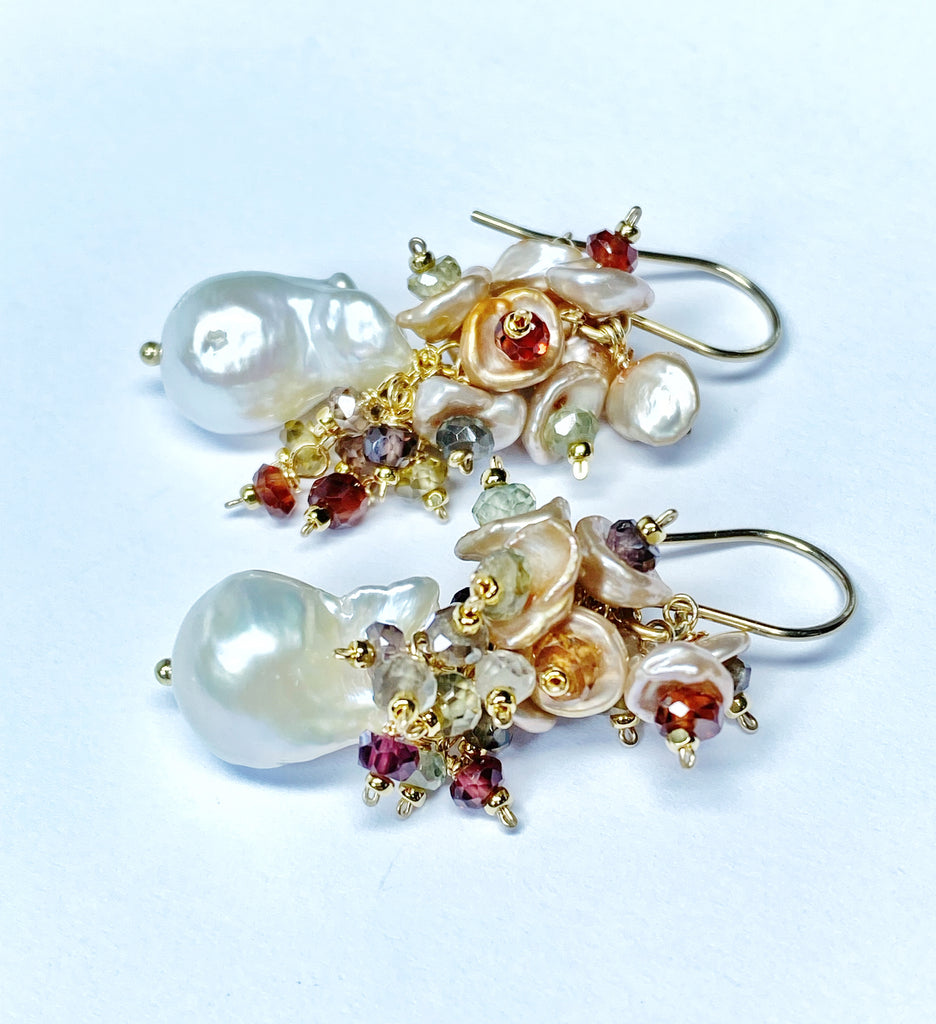 Baroque Flameball Pearl Earrings with Keishi Pearls and Sapphires