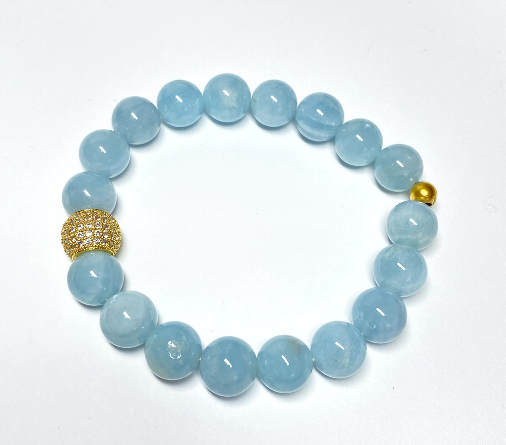 Blue Aquamarine Stacking Stretch Bracelet with Gold Pave CZ