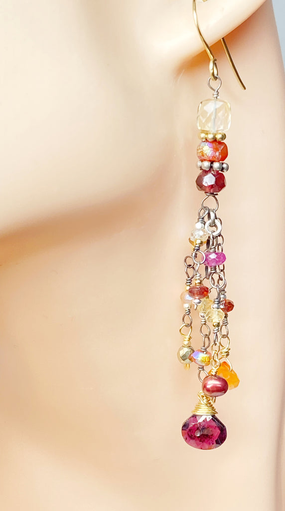 Multi Gemstone Gem Dangle Earrings, Boho Tassel Style, Red Garnet, Carnelian, Citrine, Mixed Metal