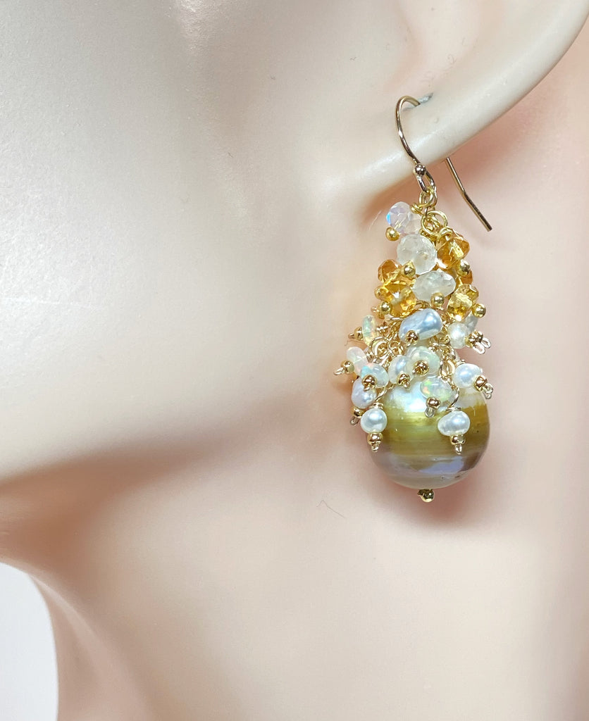 Baroque Gold and White Pearl Cluster Earring with Citrine, Opal, Moonstone 2