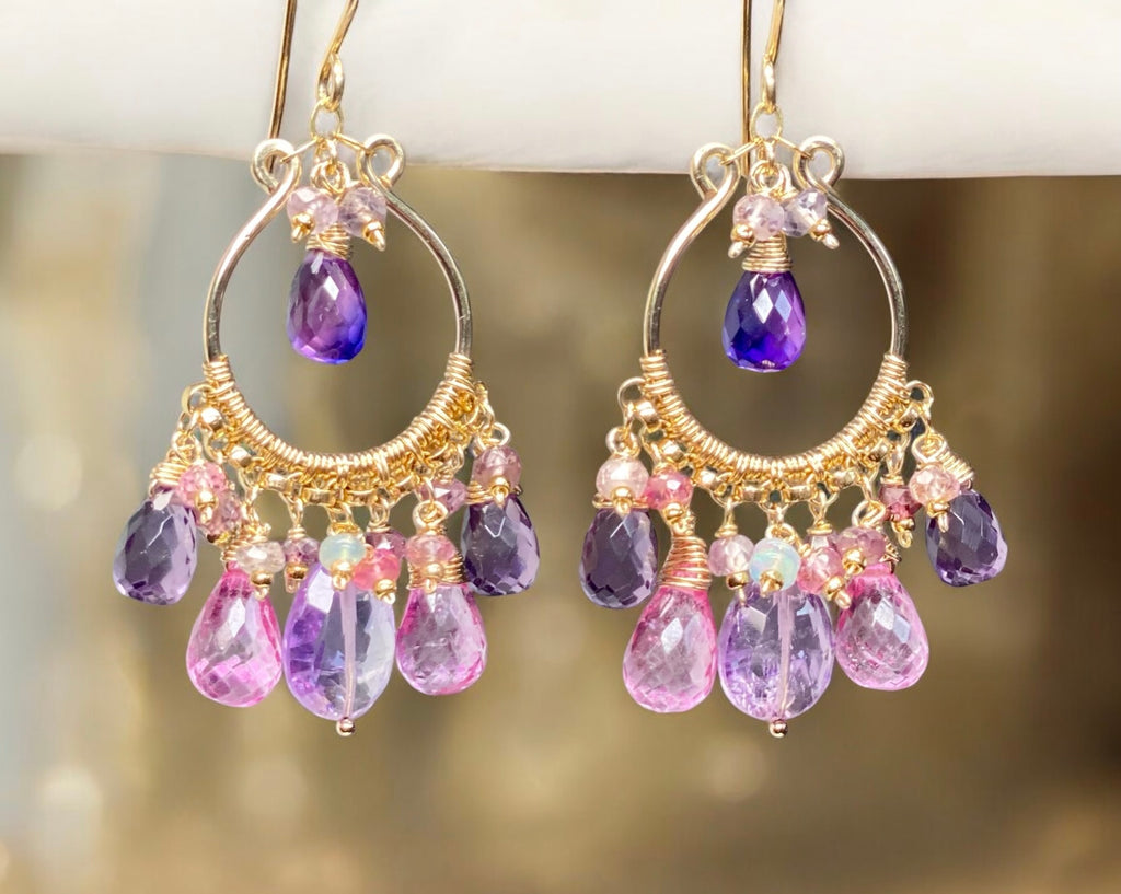 Gemstone Statement Chandelier Earrings in Pink, Lavender, Violet 2