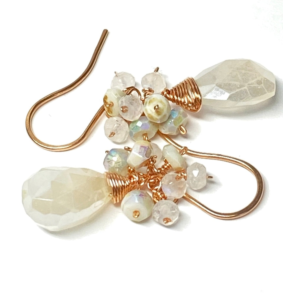 Mystic Ivory Chalcedony Cluster Earrings Rose Gold