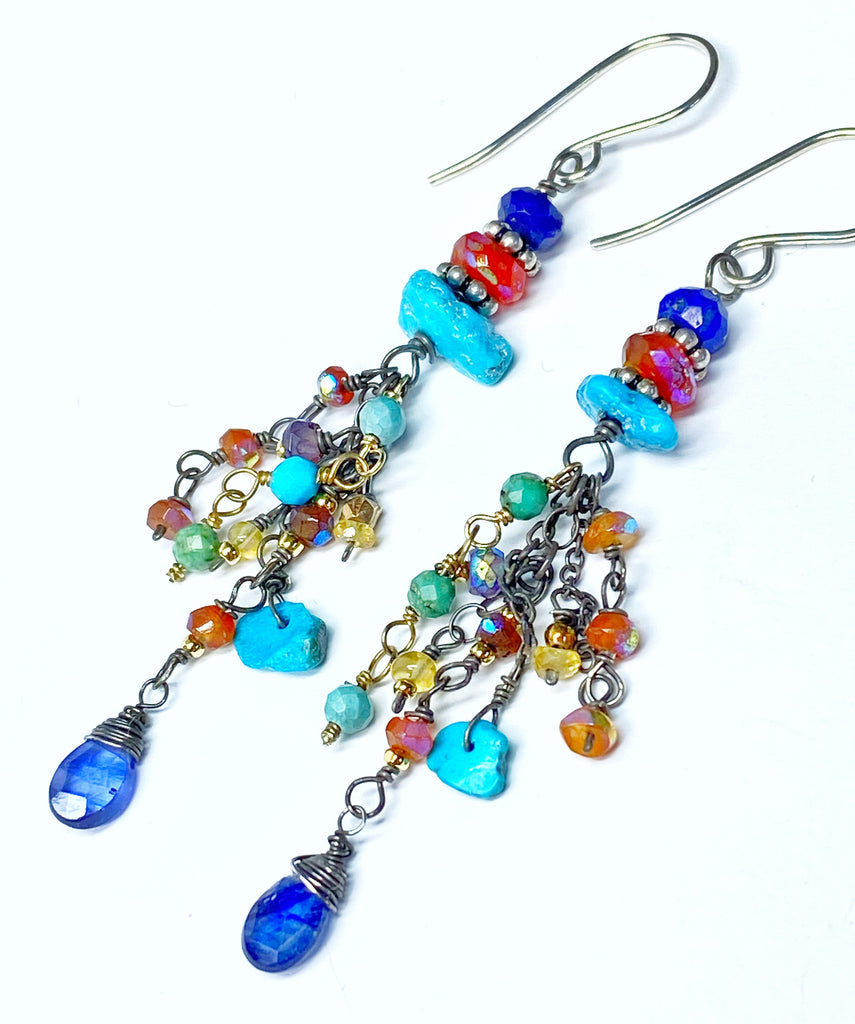 Multi Gemstone Gem Dangle Earrings, Tassel Style, Turquoise, Lapis, Carnelian, Sterling Silver