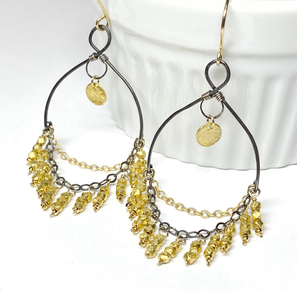 Gold and Black Chandelier Earrings in Mixed Metals