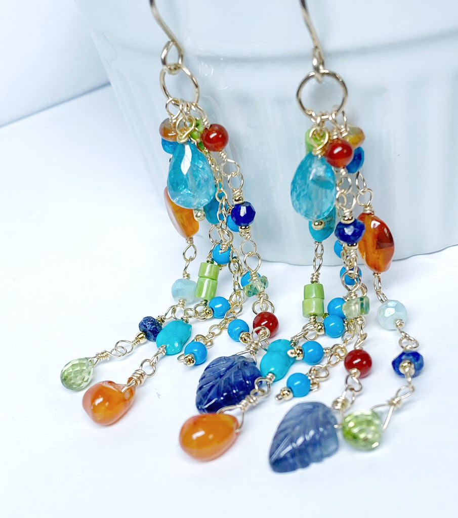 Multi Gemstone Dangle Earrings Blue, Green Turquoise, Carnelian, Peridot, Gold Filled