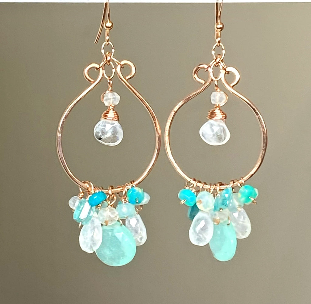 Aqua Chalcedony Rose Gold Hoop Chandelier with Opal, Moonstone, Apatite