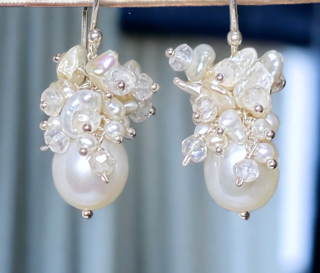 Baroque Pearl Bridal Cluster Earrings Sterling Silver