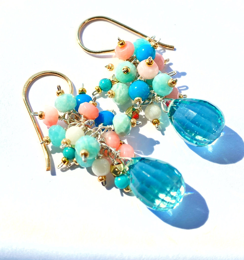 Aqua Quartz Multi Gem Cluster Earrings Mixed Metals