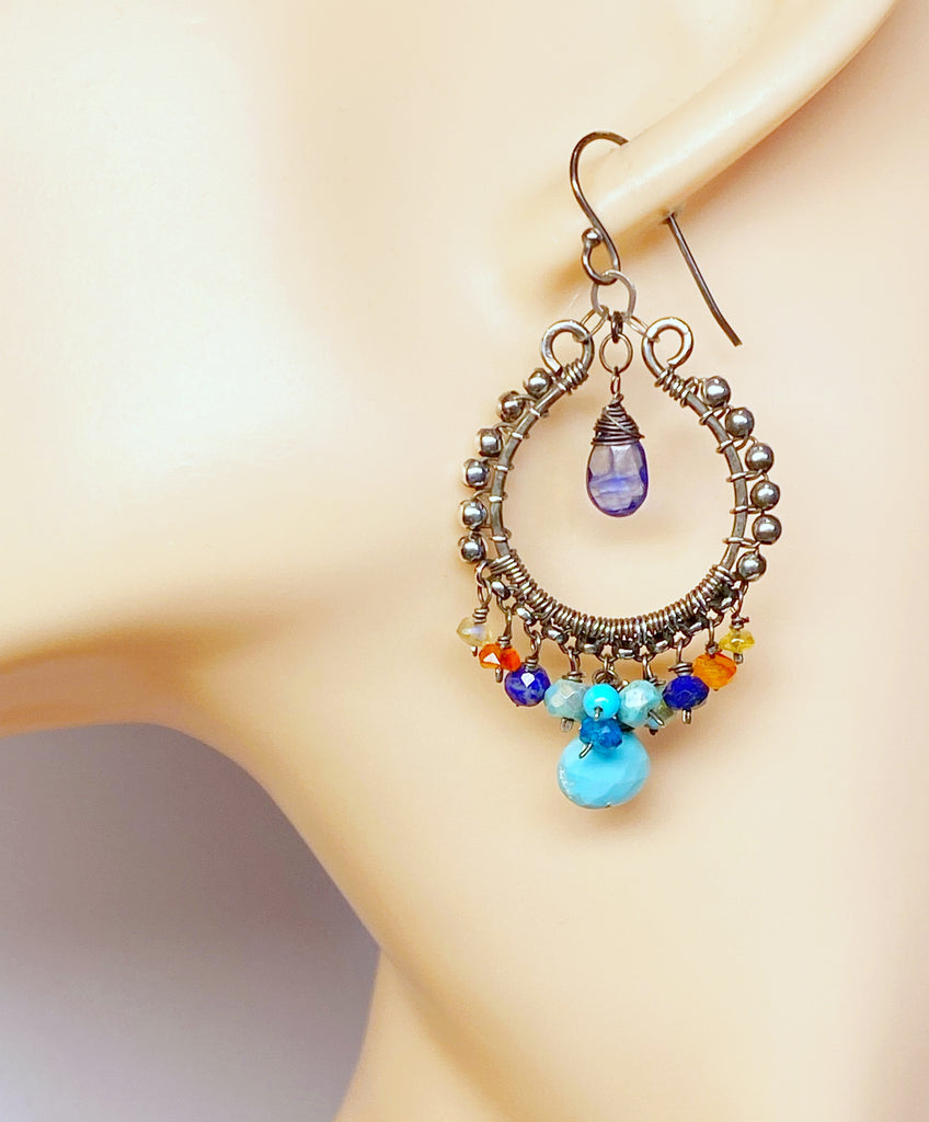 Sleeping Beauty Turquoise Chandelier Earrings, Multi Gemstone, Oxidized Sterling Silver, Handmade