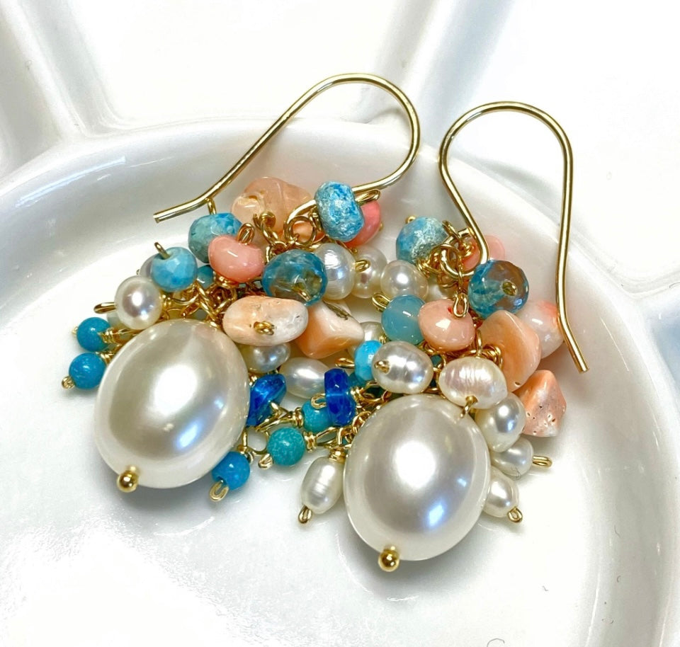 Turquoise Coral Pearl Cluster Earrings 2