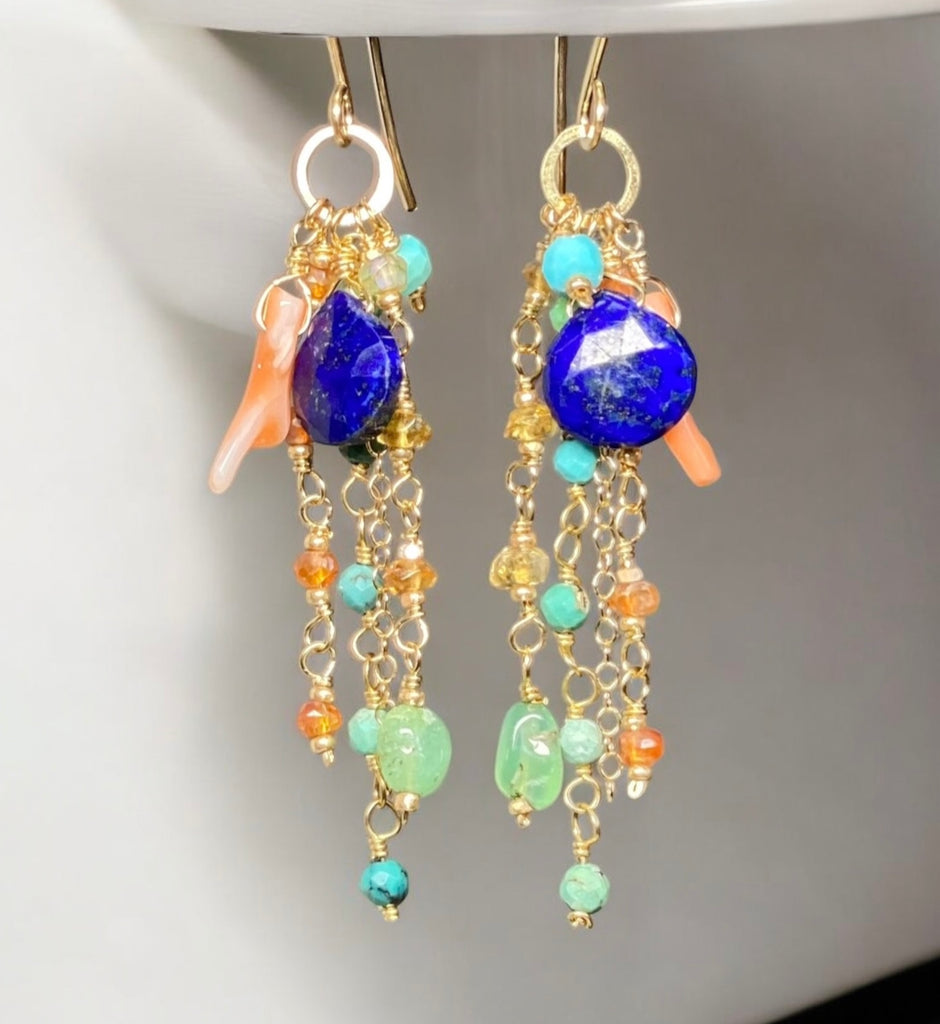 Blue Lapis Dangle Earrings Boho Style with Coral, Chrysoprase, Turquoise, Carnelian Gold Fill