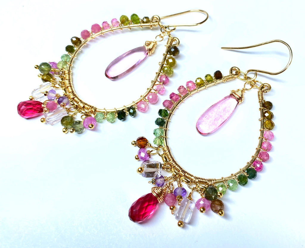 Tourmaline Gemstone Gold Fill Hoop Chandelier Earrings