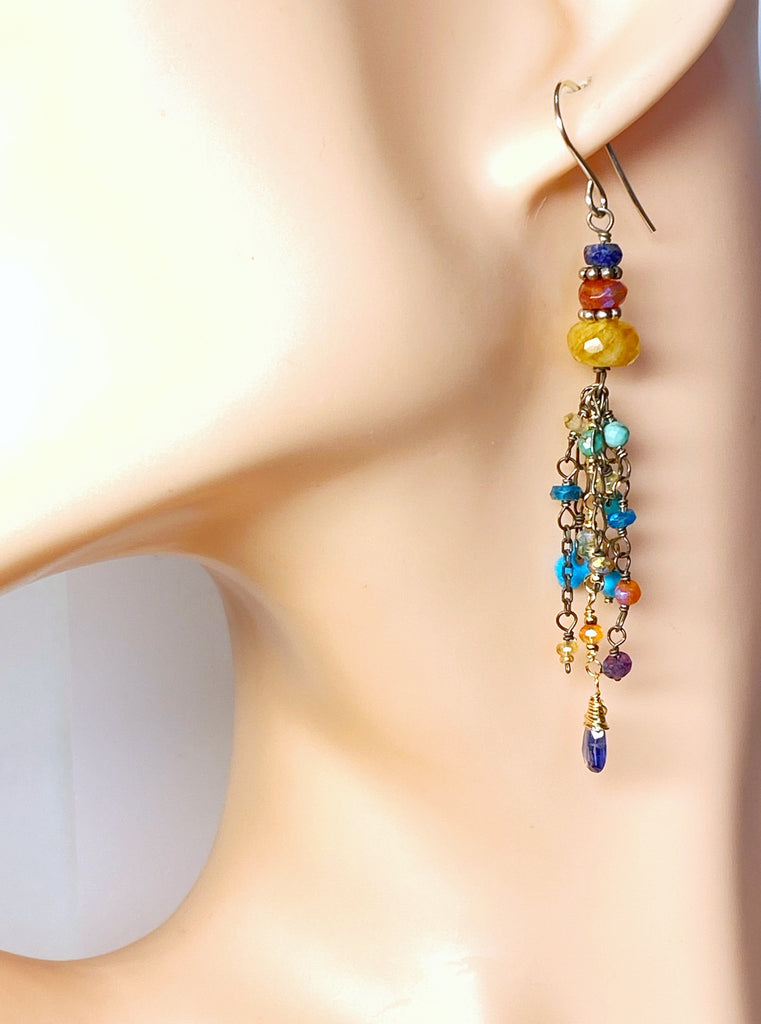 Multi Gemstone Dangle Earrings, Tassel Style, Mixed Metal, Turquoise, Carnelian
