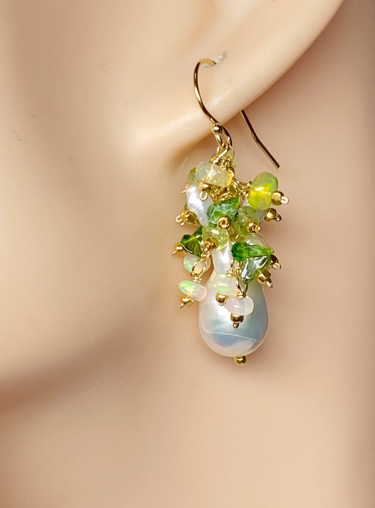 Peridot, Opal, Pearl Cluster Earrings Gold Fill 2