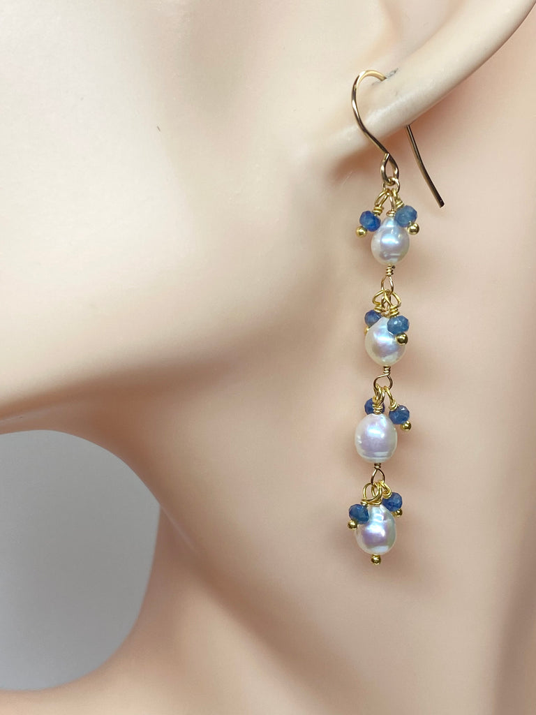 Blue Sapphire and Pearl Long Dainty Earrings Gold Fill