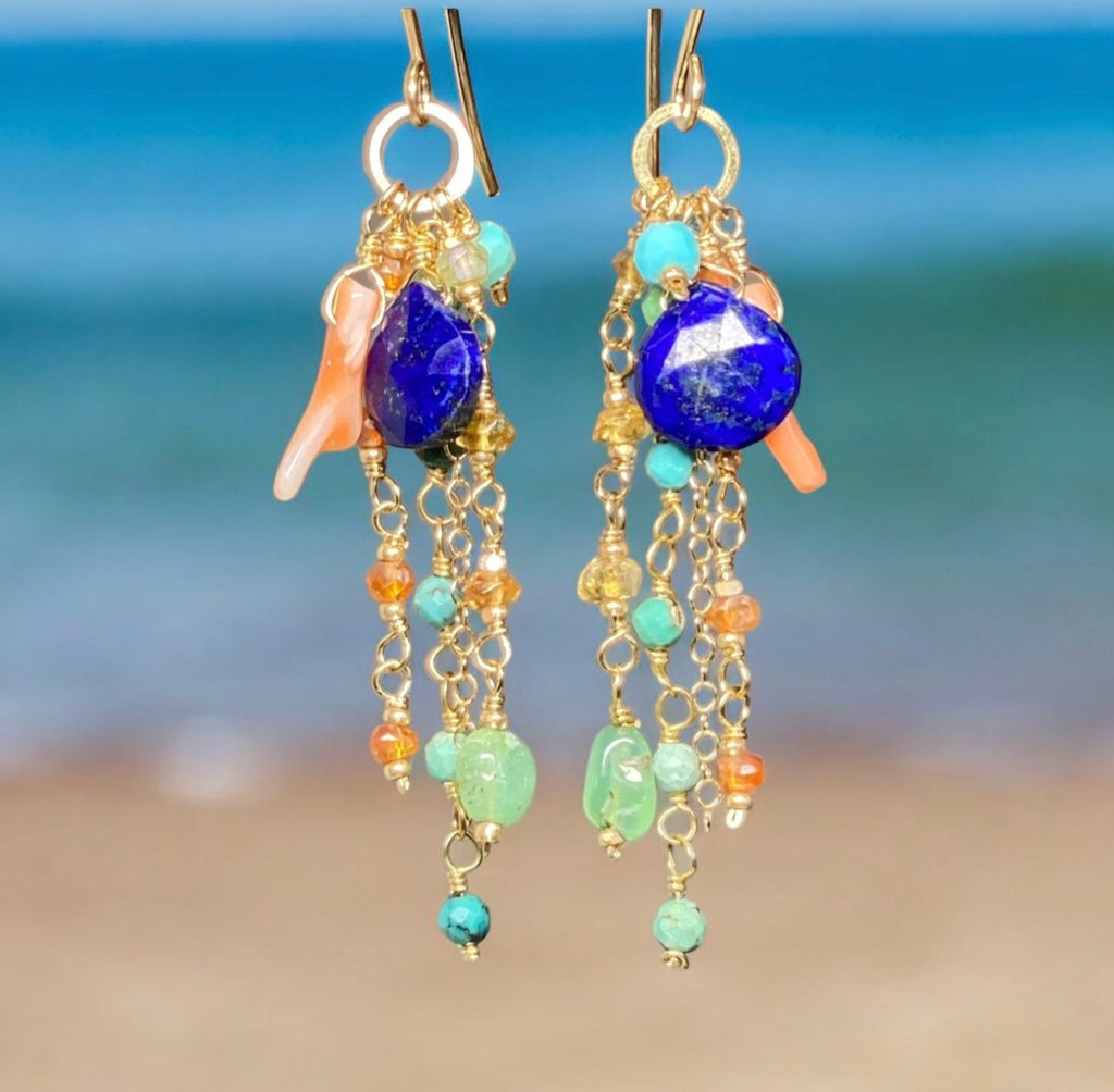 Blue Lapis Dangle Earrings Boho Style with Coral, Chrysoprase, Turquoise, Carnelian Gold Fill