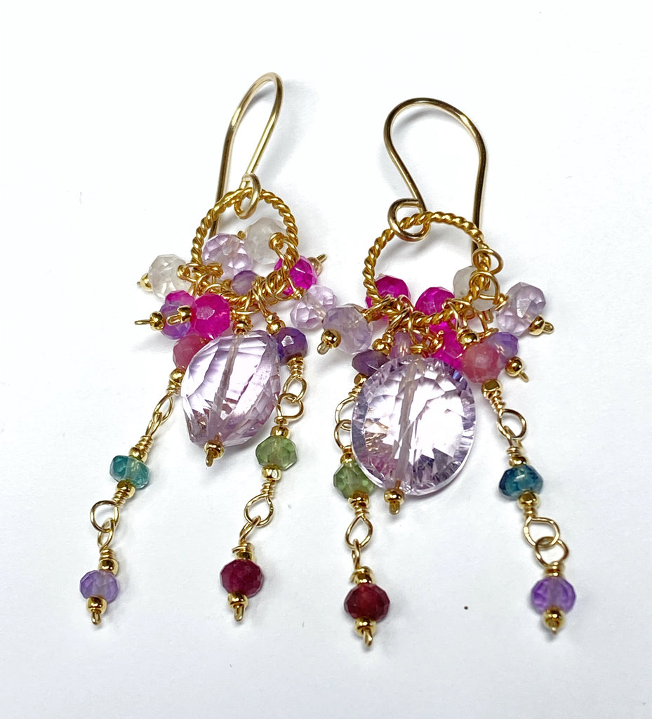 Pink Amethyst, Pink Quartz and Colorful Gem Dangle Earrings Gold Fill