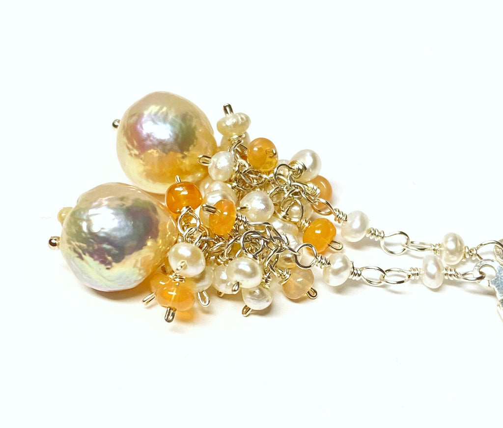 Blush Pearl Opal Cluster Long Earrings, Rose Gold, Sterling Silver, 14 kt Gold Fill