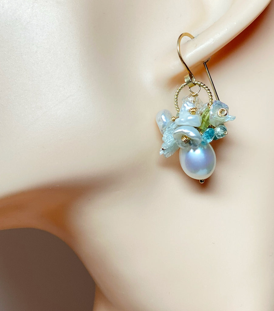 Ivory Baroque Pearl Earrings Clusters of Aquamarine, Peridot, Herkimer Diamond Quartz