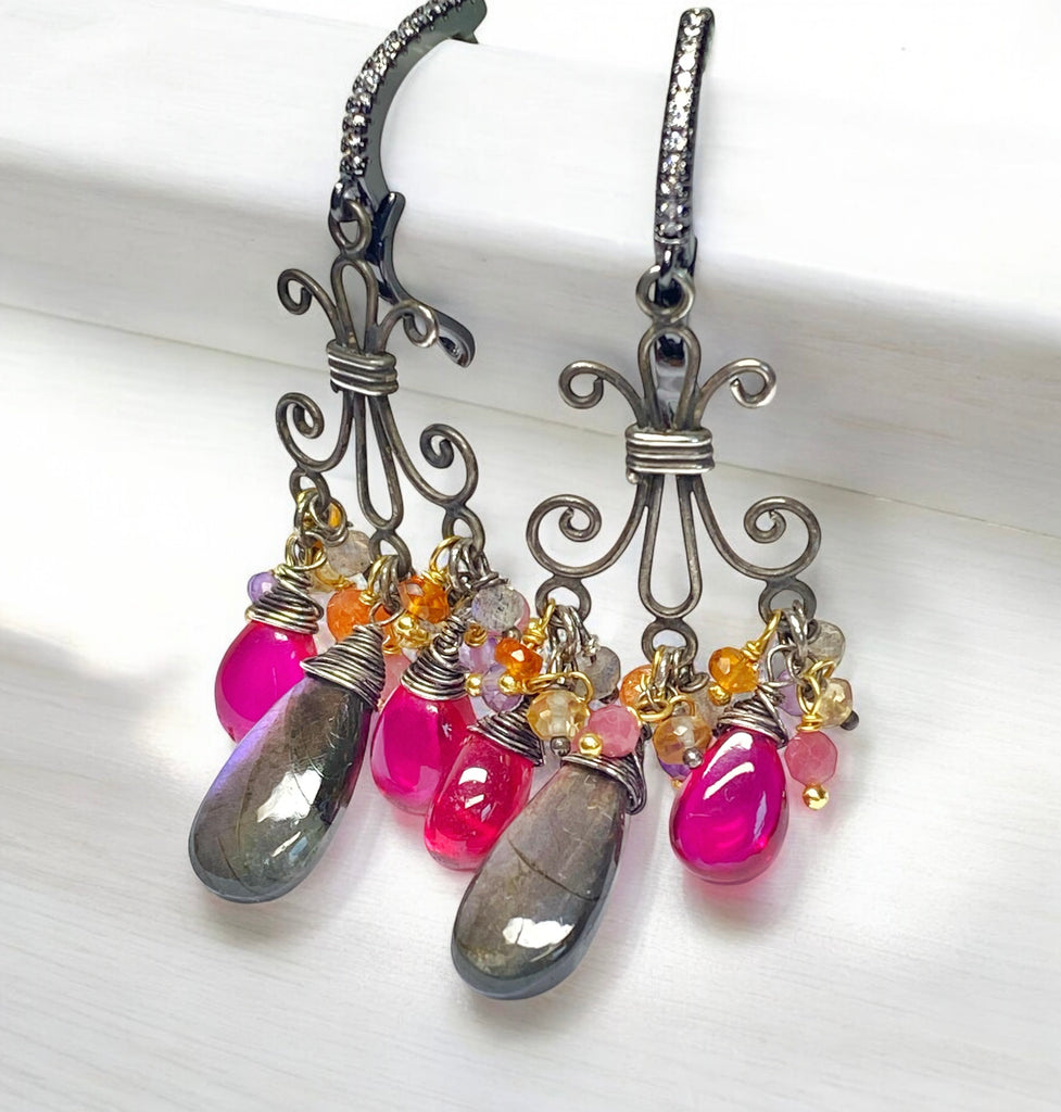 Purple Labradorite and Rubellite Chandelier Earrings in Mixed Metals