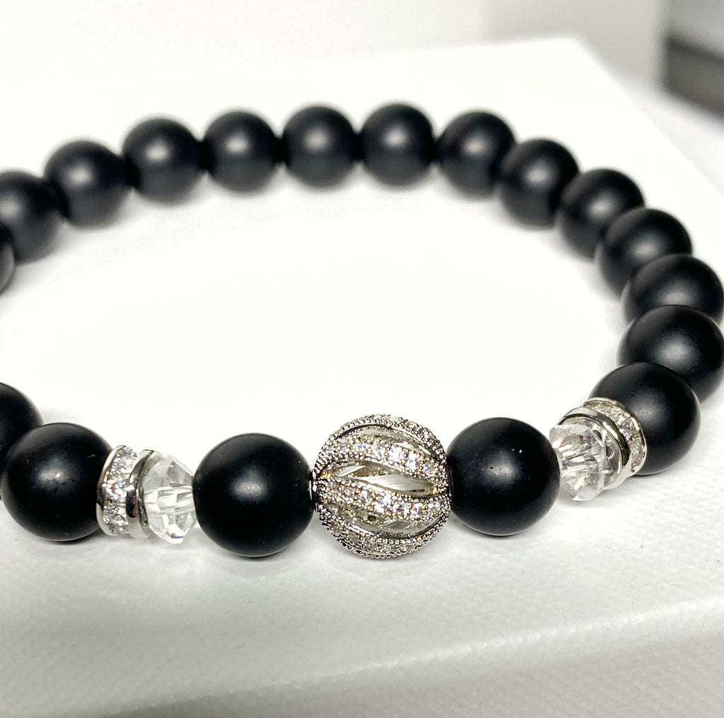 Black Onyx Stretch Bracelet with Crystal Quartz and Silver Pave CZ