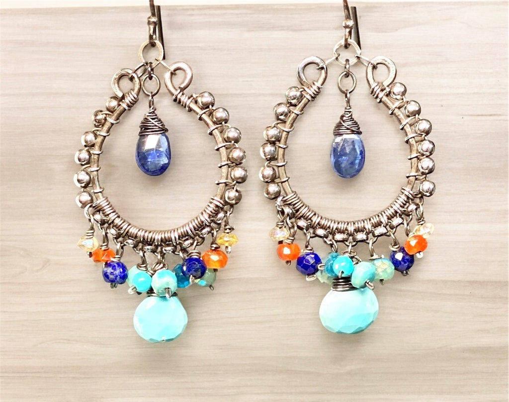 Sleeping Beauty Turquoise Chandelier Earrings, Multi Gemstone, Oxidized Sterling Silver, Handmade