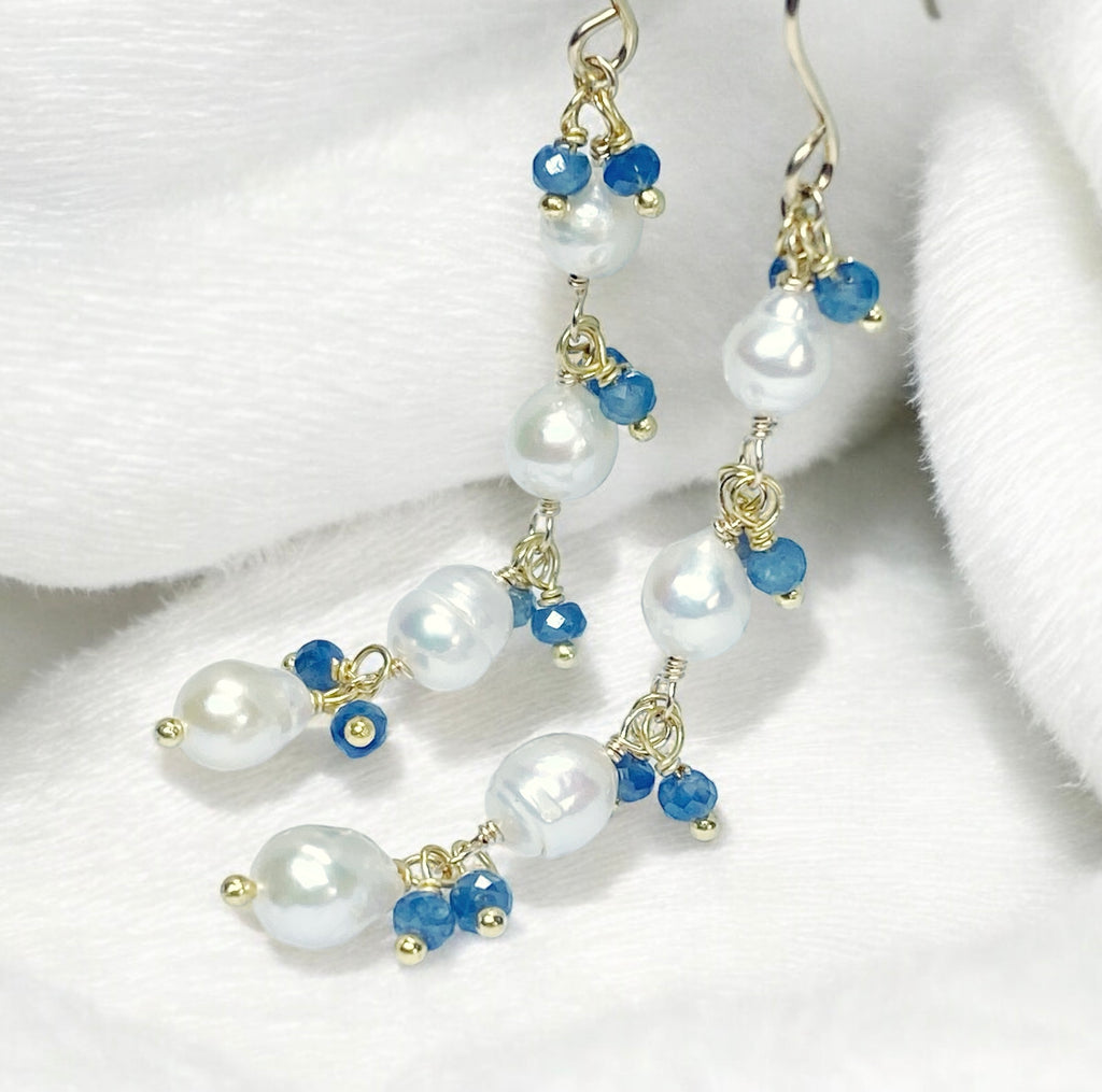 Blue Sapphire and Pearl Long Dainty Earrings Gold Fill