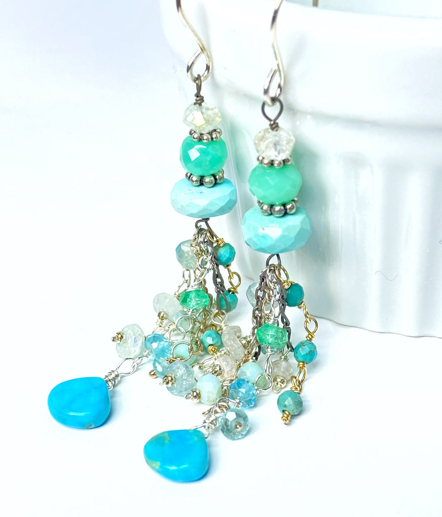 Multi Gemstone Gem Dangle Earrings, Tassel Style, Turquoise, Chrysoprase, Sterling Silver