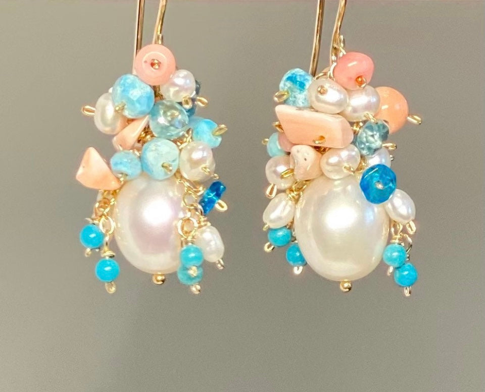 Turquoise Coral Pearl Cluster Earrings 2