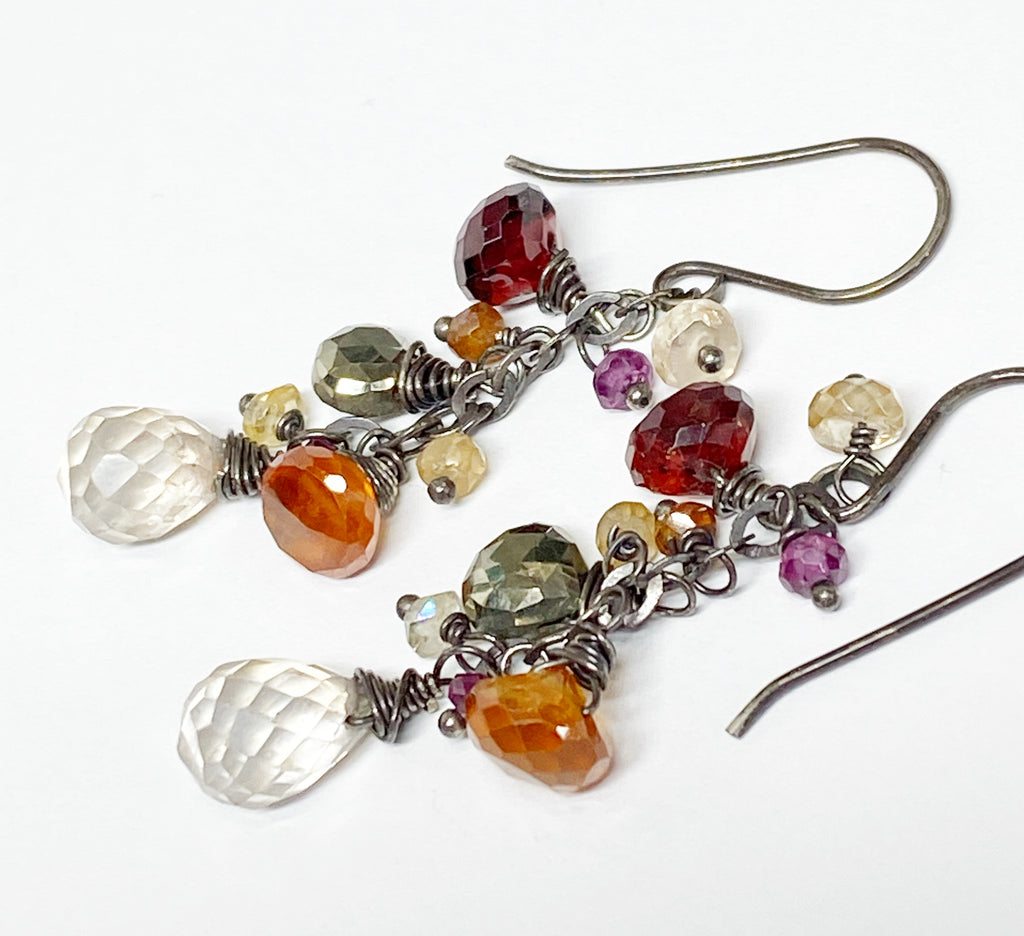 Garnet Oxidized Silver Multicolor Gem Dangle Earrings