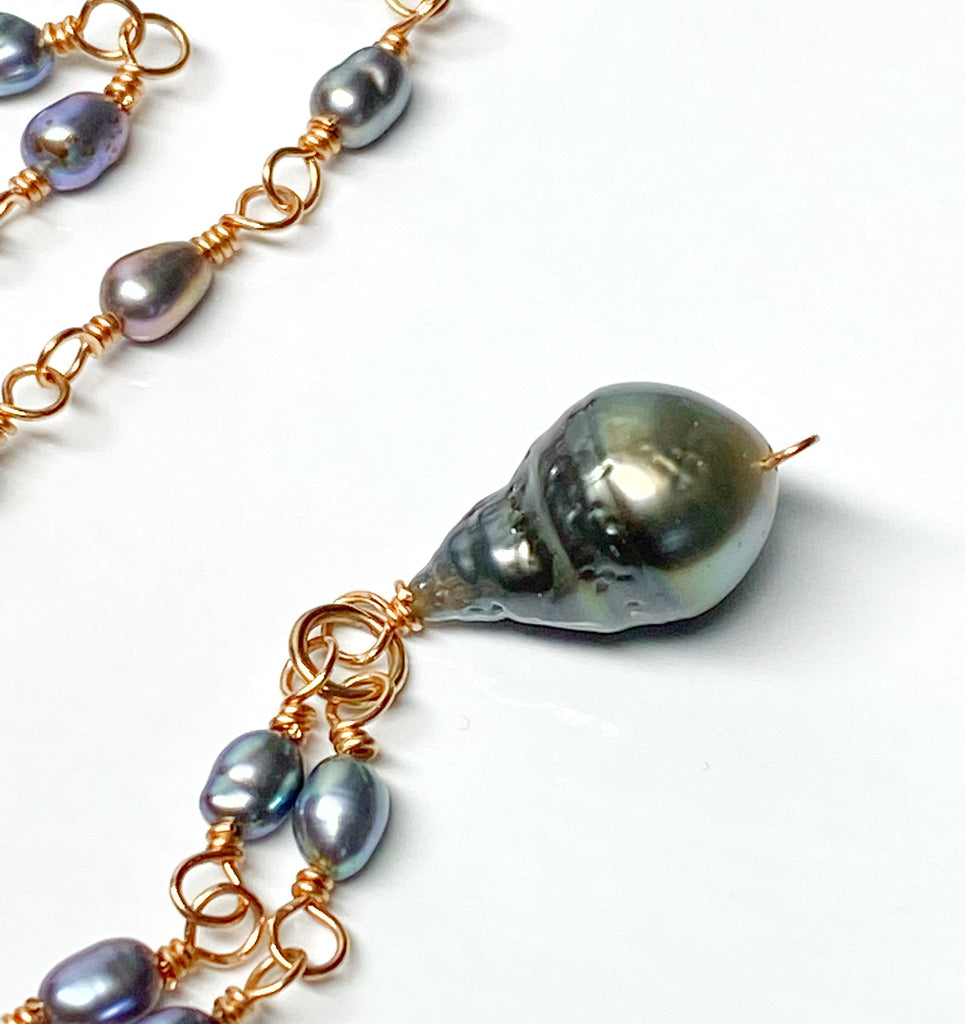Tahitian Pearl Pendant Necklace Wire Wrapped Rosary Style Rose Gold Fill