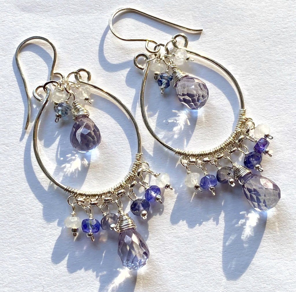 Blue Violet Sterling Silver Hoop Chandelier Earrings Iolite, Tanzanite, Blue Quartz