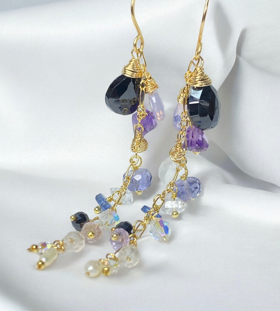 Amethyst, Scorolite, Black Spinel Long Dangle Earrings 3