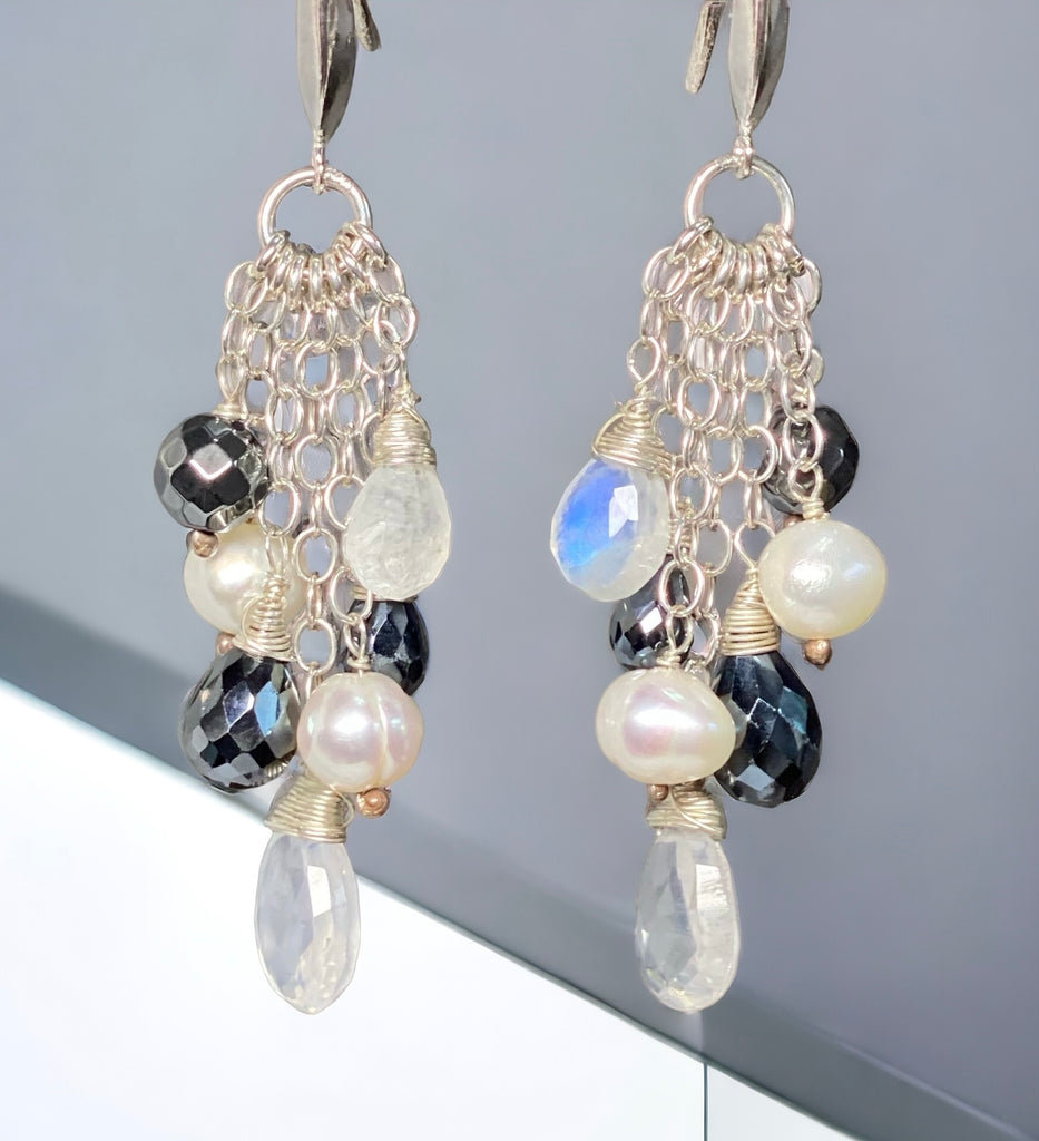 Black and White, Moonstone Black Spinel Dangle Earrings, Sterling SIlver
