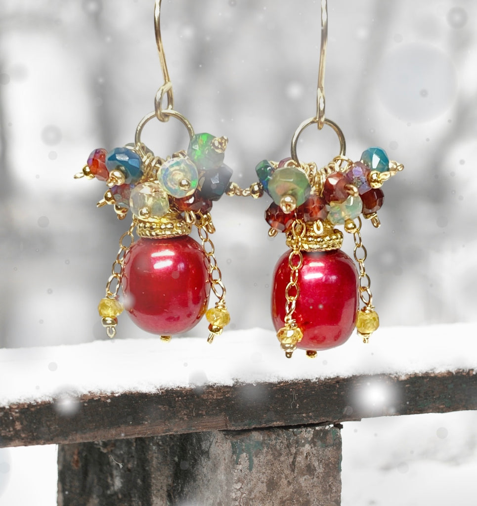 Red Pearl, Opal and Garnet Cluster Earrings Gold Fill