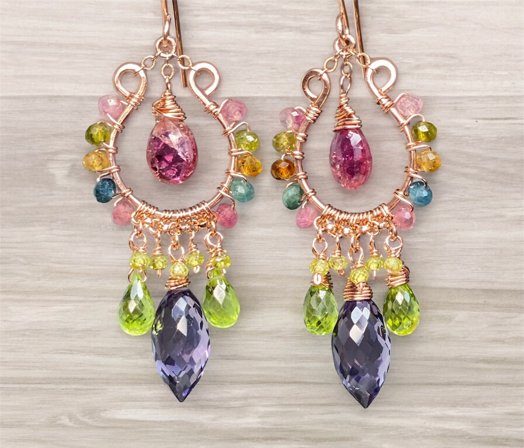 Rose Gold Chandelier Earrings: Pink Tourmaline, Peridot, Amethyst