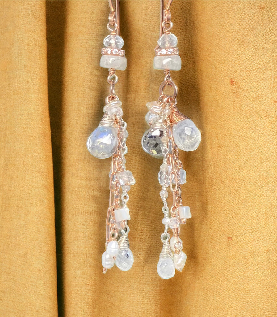 Rose Gold Long Boho White Topaz, Pearl & Moonstone Dangle Bridal Earrings