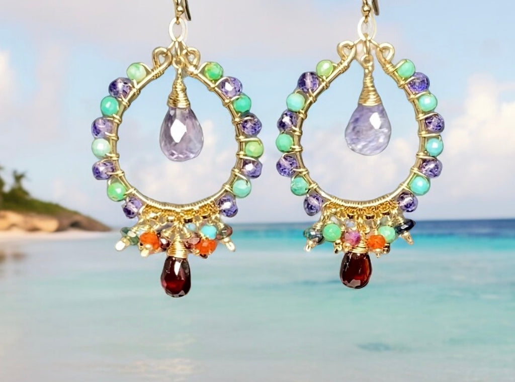 Gold Hoop Chandelier Earrings Iolite, Turquoise, Garnet, Opal