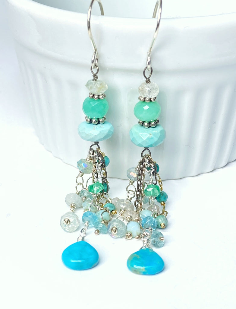 Multi Gemstone Gem Dangle Earrings, Tassel Style, Turquoise, Chrysoprase, Sterling Silver