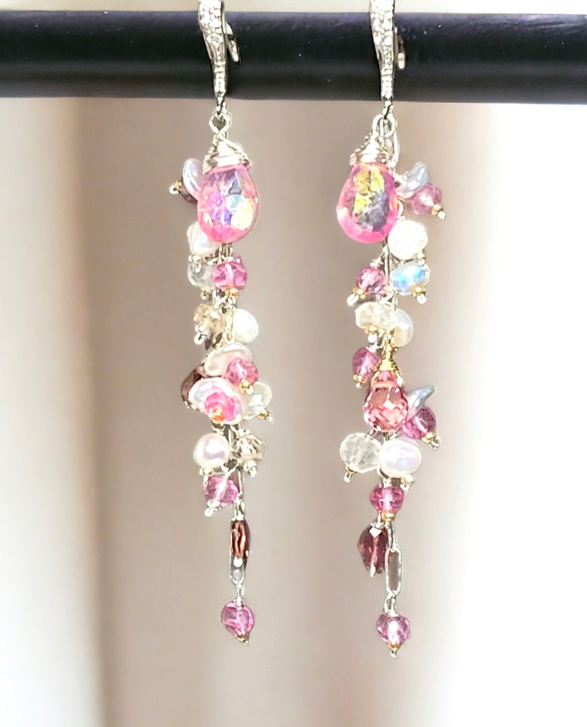 Long Pink Topaz and Pearl Duster Earrings Sterling Silver