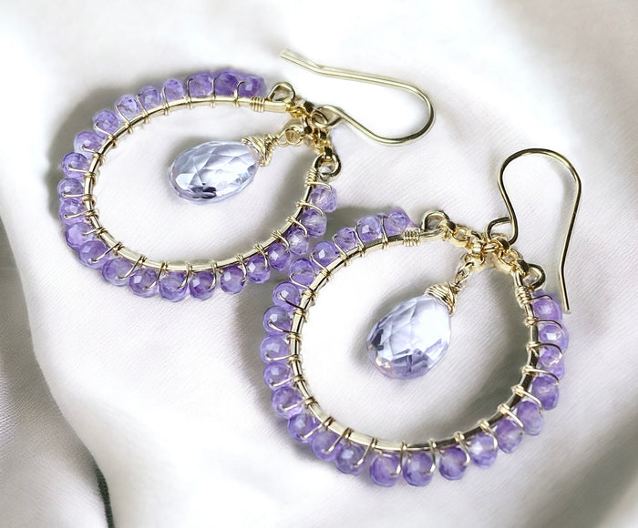 Lavender Pink Amethyst Chandelier Hoop Earrings, Gold Fill