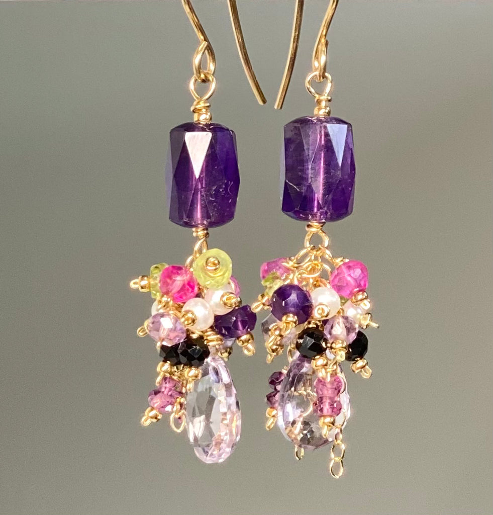 Amethyst Dangle Earrings, Multi Gemstone Cluster Earrings