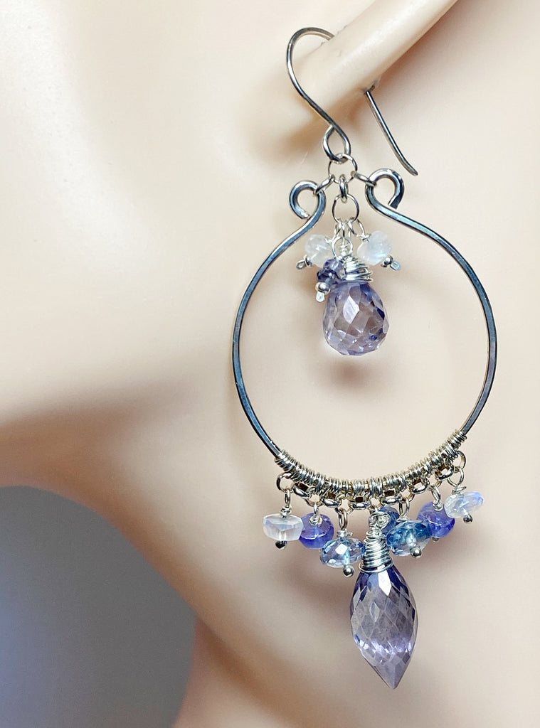 Blue Purple Gemstone Chandelier Hoop Earrings Sterling Silver