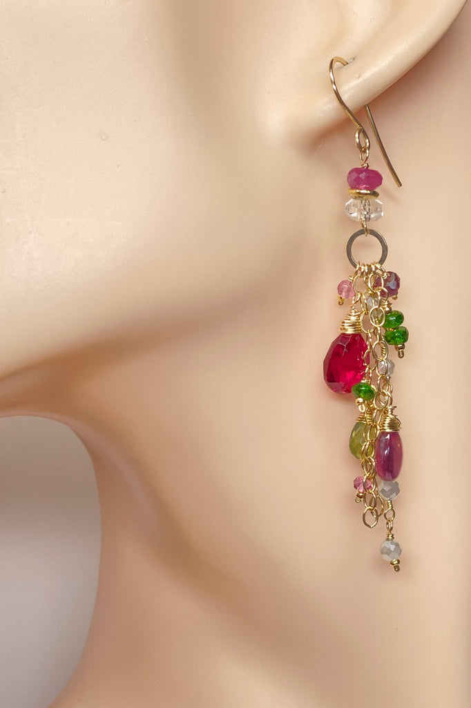 Long Gemstone Dangle Earrings - Pink Sapphire, Peridot, Ruby, Gold Fill